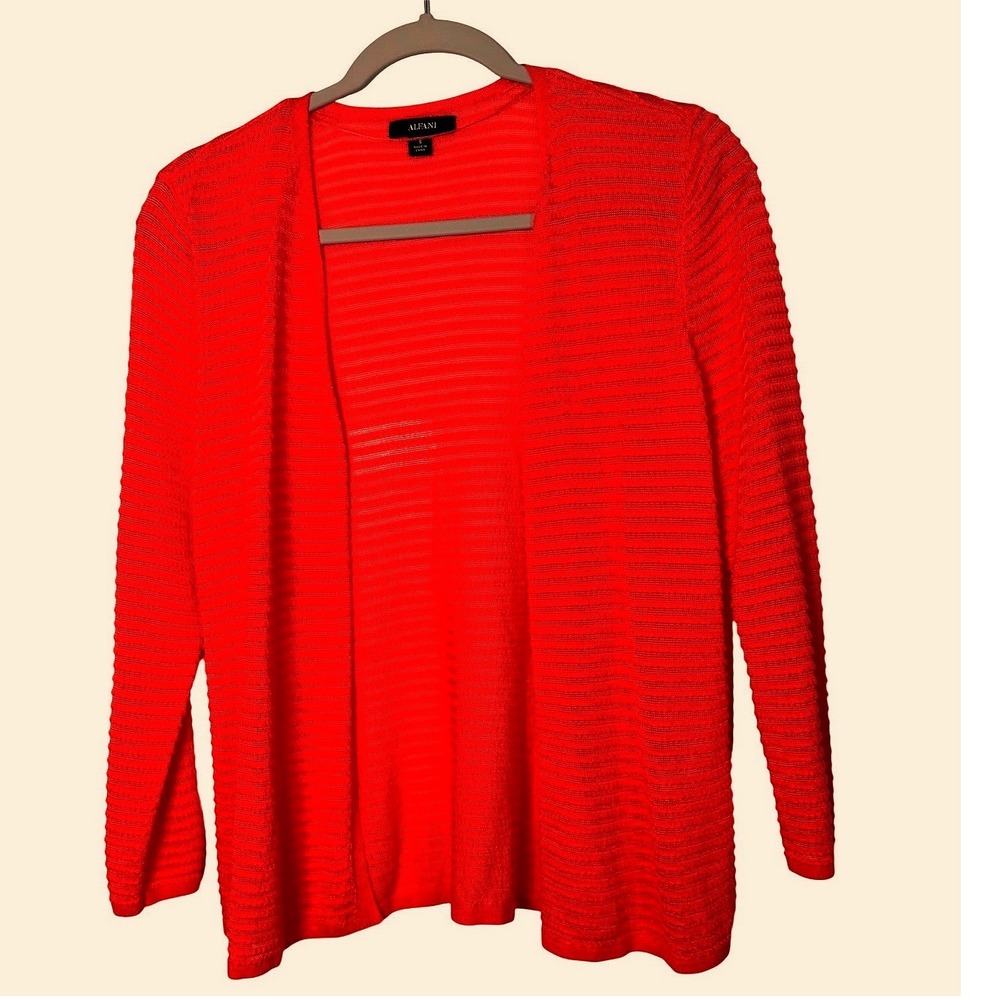 Alfani Womens Coral Orange Ribbed Open Front Cardigan Sweater Size S Rayon